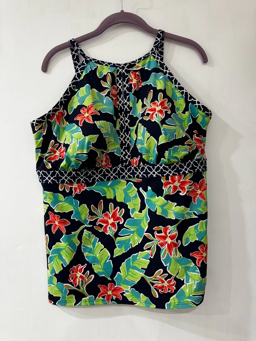 Lands' End Navy Tropical Floral High-Neck Swim Tank